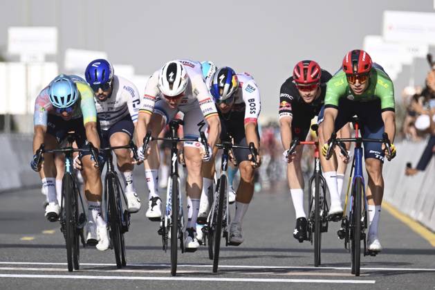 UAE Tour 2025 - Stage 5 DUBAI, UNITED ARAB EMIRATES - FEBRUARY 20 : Merlier Tim (BEL) of Soudal Quick-Step wins, Malucelli Matteo (ITA) of XDS Astana Team, Milan Jonathan (ITA) of Lidl-Trek, Welsford Sam (AUS) of Red Bull - Bora - Hansgrohe, Kogut Oded (ISR) of Israel - Premier Tech during Stage 5 of the UAE Tour 2025 cycling race with start in American University in Dubai and finish in Hamdan Bin Mohammed Smart University (160 km) on February 20, 2025 in Dubai, United Arab Emirates, 20 02 2025 Dubai United Arab Emirates  Copyright: xPeterxDexVoechtx