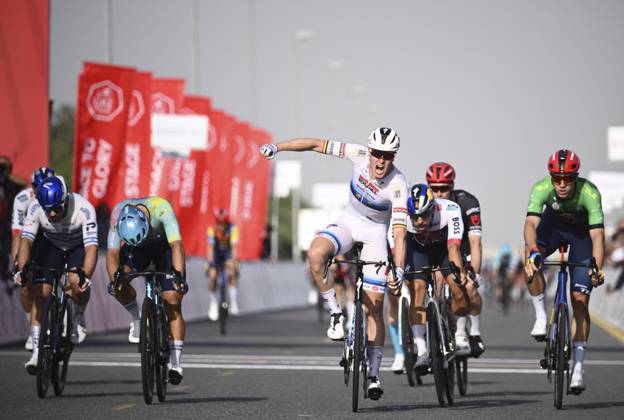 UAE Tour 2025 - Stage 5 DUBAI, UNITED ARAB EMIRATES - FEBRUARY 20 : Merlier Tim (BEL) of Soudal Quick-Step wins, Malucelli Matteo (ITA) of XDS Astana Team, Milan Jonathan (ITA) of Lidl-Trek, Welsford Sam (AUS) of Red Bull - Bora - Hansgrohe, Kogut Oded (ISR) of Israel - Premier Tech during Stage 5 of the UAE Tour 2025 cycling race with start in American University in Dubai and finish in Hamdan Bin Mohammed Smart University (160 km) on February 20, 2025 in Dubai, United Arab Emirates, 20 02 2025 Dubai United Arab Emirates  Copyright: xPeterxDexVoechtx