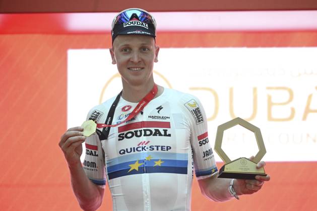 UAE Tour 2025 - Stage 5 DUBAI, UNITED ARAB EMIRATES - FEBRUARY 20 : Merlier Tim (BEL) of Soudal Quick-Step pictured during the podium ceremony of Stage 5 of the UAE Tour 2025 cycling race with start in American University in Dubai and finish in Hamdan Bin Mohammed Smart University (160 km) on February 20, 2025 in Dubai, United Arab Emirates, 20 02 2025 Dubai United Arab Emirates  Copyright: xPeterxDexVoechtx