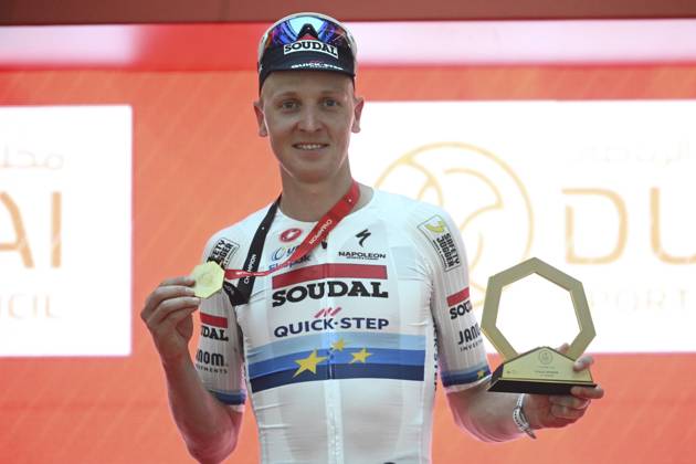 UAE Tour 2025 - Stage 5 DUBAI, UNITED ARAB EMIRATES - FEBRUARY 20 : Merlier Tim (BEL) of Soudal Quick-Step pictured during the podium ceremony of Stage 5 of the UAE Tour 2025 cycling race with start in American University in Dubai and finish in Hamdan Bin Mohammed Smart University (160 km) on February 20, 2025 in Dubai, United Arab Emirates, 20 02 2025 Dubai United Arab Emirates  Copyright: xPeterxDexVoechtx