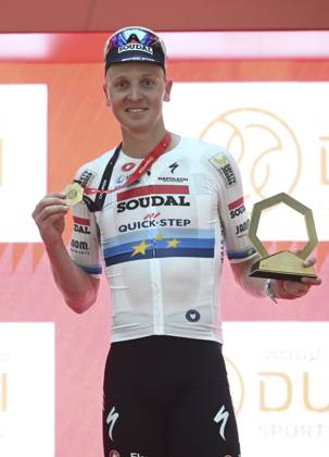 UAE Tour 2025 - Stage 5 DUBAI, UNITED ARAB EMIRATES - FEBRUARY 20 : Merlier Tim (BEL) of Soudal Quick-Step pictured during the podium ceremony of Stage 5 of the UAE Tour 2025 cycling race with start in American University in Dubai and finish in Hamdan Bin Mohammed Smart University (160 km) on February 20, 2025 in Dubai, United Arab Emirates, 20 02 2025 Dubai United Arab Emirates  Copyright: xPeterxDexVoechtx