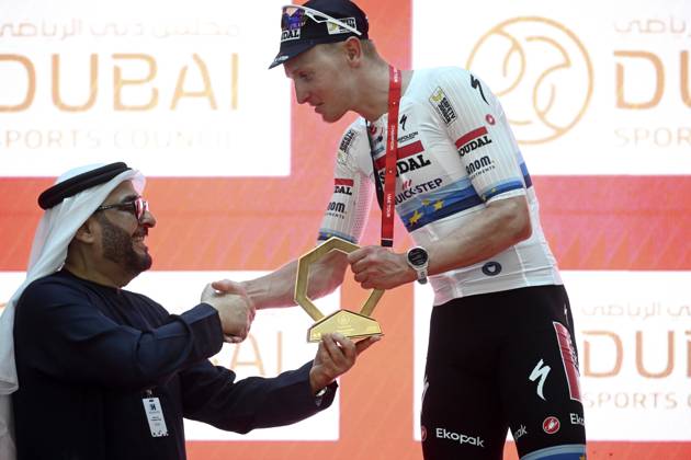 UAE Tour 2025 - Stage 5 DUBAI, UNITED ARAB EMIRATES - FEBRUARY 20 : Merlier Tim (BEL) of Soudal Quick-Step pictured during the podium ceremony of Stage 5 of the UAE Tour 2025 cycling race with start in American University in Dubai and finish in Hamdan Bin Mohammed Smart University (160 km) on February 20, 2025 in Dubai, United Arab Emirates, 20 02 2025 Dubai United Arab Emirates  Copyright: xPeterxDexVoechtx