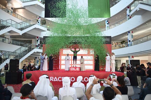 UAE Tour 2025 - Stage 5 DUBAI, UNITED ARAB EMIRATES - FEBRUARY 20 : Milan Jonathan (ITA) of Lidl-Trek pictured with the green jersey during the podium ceremony of Stage 5 of the UAE Tour 2025 cycling race with start in American University in Dubai and finish in Hamdan Bin Mohammed Smart University (160 km) on February 20, 2025 in Dubai, United Arab Emirates, 20 02 2025 Dubai United Arab Emirates  Copyright: xPeterxDexVoechtx