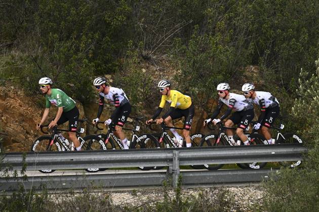 2025 Volta Algarve cycling race - Stage 3 TAVIRA, PORTUGAL - FEBRUARY 21 : Almeida Joao (POR) of UAE Team Emirates, Grosschartner Felix (AUT) of UAE Team Emirates, Christen Jan (SUI) of UAE Team Emirates during stage 3 of the 51th edition of the Volta Algarve cycling race, with start in Vila Real Santo Antonio and finish in Tavira on February 21, 2025 in Tavira, Portugal, 21 02 2025 ( Motordriver Kenny Verfaillie - Tavira Portugal  Copyright: xTomasxSiskx