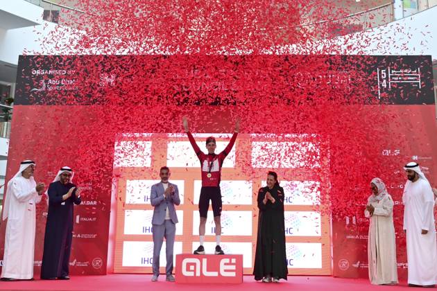UAE Tour 2025 - Stage 5 DUBAI, UNITED ARAB EMIRATES - FEBRUARY 20 : Pogacar Tadej (SLO) of UAE Team Emirates pictured with the red jersey during the podium ceremony of Stage 5 of the UAE Tour 2025 cycling race with start in American University in Dubai and finish in Hamdan Bin Mohammed Smart University (160 km) on February 20, 2025 in Dubai, United Arab Emirates, 20 02 2025 Dubai United Arab Emirates  Copyright: xPeterxDexVoechtx