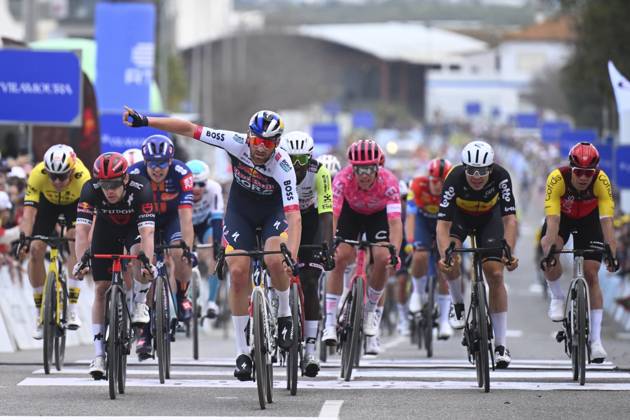 2025 Volta Algarve cycling race - Stage 3 TAVIRA, PORTUGAL - FEBRUARY 21 : Meeus Jordi (BEL) of Red Bull - Bora - Hansgrohe wins, Dainese Alberto (ITA) of Tudor Pro Cycling Team, Girmay Biniam (ERI) of Intermarche - Wanty, De Lie Arnaud (BEL) of Lotto Cycling Team, Van Uden Casper (NED) of Team Picnic PostNL, Fretin Milan (FRA) of Cofidis during stage 3 of the 51th edition of the Volta Algarve cycling race, with start in Vila Real Santo Antonio and finish in Tavira on February 21, 2025 in Tavira, Portugal, 21 02 2025 ( Motordriver Kenny Verfaillie - Tavira Portugal Copyright: xTomasxSiskx