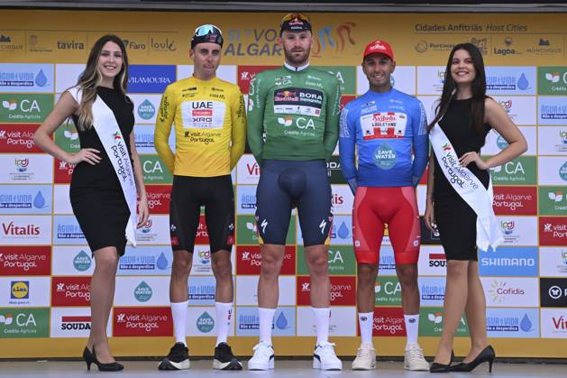 2025 Volta Algarve cycling race - Stage 3 TAVIRA, PORTUGAL - FEBRUARY 21 : Christen Jan (SUI) of UAE Team Emirates, Meeus Jordi (BEL) of Red Bull - Bora - Hansgrohe and Tivani Nicolas (BEL) of Aviludo-Louletano-Loule pictured during the podium ceremony of stage 3 of the 51th edition of the Volta Algarve cycling race, with start in Vila Real Santo Antonio and finish in Tavira on February 21, 2025 in Tavira, Portugal, 21 02 2025 ( Motordriver Kenny Verfaillie - Tavira Portugal Copyright: xTomasxSiskx
