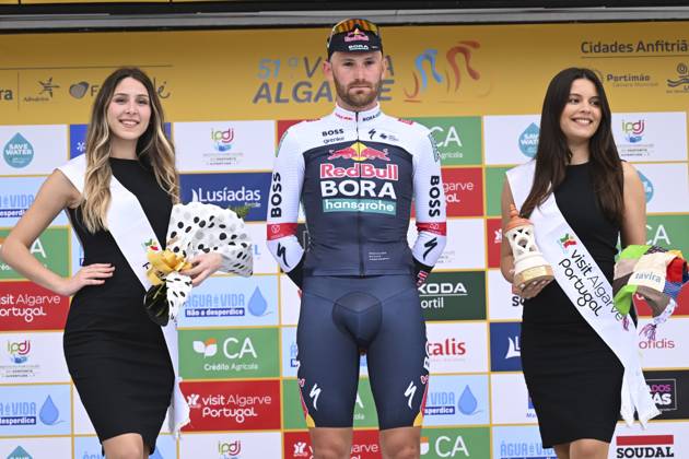 2025 Volta Algarve cycling race - Stage 3 TAVIRA, PORTUGAL - FEBRUARY 21 : Meeus Jordi (BEL) of Red Bull - Bora - Hansgrohe pictured during the podium ceremony of stage 3 of the 51th edition of the Volta Algarve cycling race, with start in Vila Real Santo Antonio and finish in Tavira on February 21, 2025 in Tavira, Portugal, 21 02 2025 ( Motordriver Kenny Verfaillie - Tavira Portugal Copyright: xTomasxSiskx