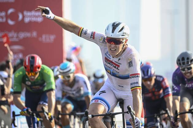 UAE Tour 2025 - Stage 6 ABU DHABI , UNITED ARAB EMIRATES - FEBRUARY 22 : Merlier Tim (BEL) of Soudal Quick-Step celebrating his victory during Stage 6 of the UAE Tour 2025 cycling race with start in Abu Dhabi Cycling Club and finish in Abu Dhabi Breakwater (165 km) on February 22, 2025 in Abu Dhabi , United Arab Emirates, 22 02 2025 Abu Dhabi United Arab Emirates  Copyright: xPeterxDexVoechtx