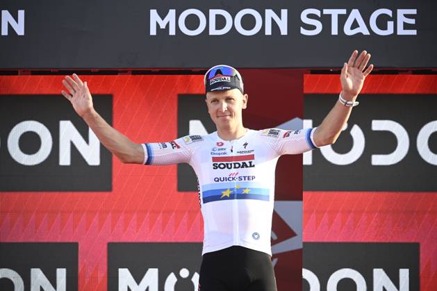 UAE Tour 2025 - Stage 6 ABU DHABI , UNITED ARAB EMIRATES - FEBRUARY 22 : Merlier Tim (BEL) of Soudal Quick-Step on the podium during Stage 6 of the UAE Tour 2025 cycling race with start in Abu Dhabi Cycling Club and finish in Abu Dhabi Breakwater (165 km) on February 22, 2025 in Abu Dhabi , United Arab Emirates, 22 02 2025 Abu Dhabi United Arab Emirates  Copyright: xPeterxDexVoechtx
