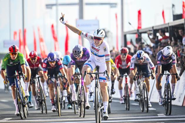 UAE Tour 2025 - Stage 6 ABU DHABI , UNITED ARAB EMIRATES - FEBRUARY 22 : Merlier Tim (BEL) of Soudal Quick-Step celebrating his victory during Stage 6 of the UAE Tour 2025 cycling race with start in Abu Dhabi Cycling Club and finish in Abu Dhabi Breakwater (165 km) on February 22, 2025 in Abu Dhabi , United Arab Emirates, 22 02 2025 Abu Dhabi United Arab Emirates  Copyright: xPeterxDexVoechtx