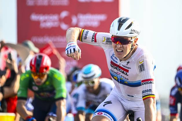 UAE Tour 2025 - Stage 6 ABU DHABI , UNITED ARAB EMIRATES - FEBRUARY 22 : Merlier Tim (BEL) of Soudal Quick-Step celebrating his victory during Stage 6 of the UAE Tour 2025 cycling race with start in Abu Dhabi Cycling Club and finish in Abu Dhabi Breakwater (165 km) on February 22, 2025 in Abu Dhabi , United Arab Emirates, 22 02 2025 Abu Dhabi United Arab Emirates  Copyright: xPeterxDexVoechtx