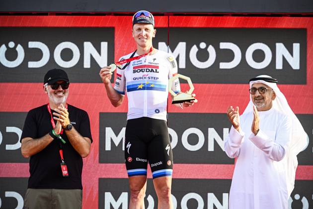 UAE Tour 2025 - Stage 6 ABU DHABI , UNITED ARAB EMIRATES - FEBRUARY 22 : Merlier Tim (BEL) of Soudal Quick-Step on the podium during Stage 6 of the UAE Tour 2025 cycling race with start in Abu Dhabi Cycling Club and finish in Abu Dhabi Breakwater (165 km) on February 22, 2025 in Abu Dhabi , United Arab Emirates, 22 02 2025 Abu Dhabi United Arab Emirates  Copyright: xPeterxDexVoechtx