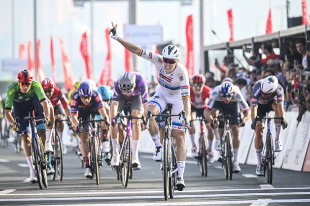 UAE Tour 2025 - Stage 6 ABU DHABI , UNITED ARAB EMIRATES - FEBRUARY 22 : Merlier Tim (BEL) of Soudal Quick-Step celebrating his victory during Stage 6 of the UAE Tour 2025 cycling race with start in Abu Dhabi Cycling Club and finish in Abu Dhabi Breakwater (165 km) on February 22, 2025 in Abu Dhabi , United Arab Emirates, 22 02 2025 Abu Dhabi United Arab Emirates  Copyright: xPeterxDexVoechtx