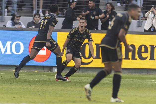 February 22, 2025, Los Angeles, California, United States: Los Angeles FC s Jeremy Ebobisse 17 celebrates with Sergi Palencia 14 after scoring against the Minnesota United FC during an MLS, Fussball Herren, USA soccer match at BMO Stadium. Final score; Los Angeles FC 1:0 Minnesota United FC Los Angeles United States - ZUMAs197 20250222_aaa_s197_315 Copyright: xRingoxChiux