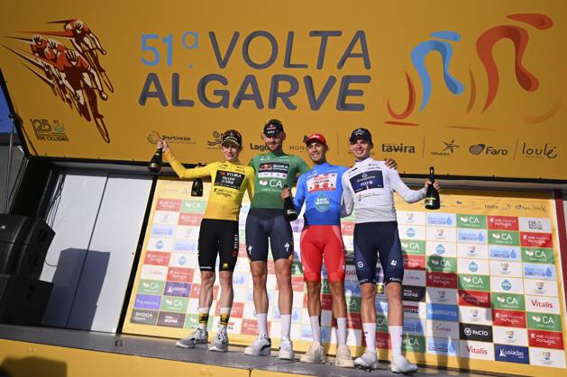 2025 Volta Algarve cycling race - Stage 5 MALHAO, PORTUGAL - FEBRUARY 23 : Vingegaard Jonas (DEN) of Team Visma I Lease a Bike, Meeus Jordi (BEL) of Red Bull - Bora - Hansgrohe, Tivani Nicolas (BEL) of Aviludo-Louletano-Loule, Gregoire Romain (FRA) of Groupama-FDJ pictured during the podium ceremony of stage 5, an individual time trial, of the 51th edition of the Volta Algarve cycling race, with start in Salir and finish in Malhao on February 23, 2025 in Malhao, Portugal, 23 02 2025 ( Motordriver Kenny Verfaillie - Malhao Portugal  Copyright: xTomasxSiskx