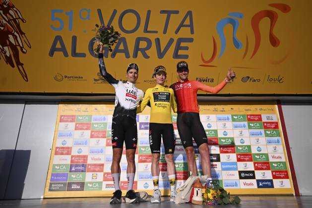 2025 Volta Algarve cycling race - Stage 5 MALHAO, PORTUGAL - FEBRUARY 23 : Almeida Joao (POR) of UAE Team Emirates, Vingegaard Jonas (DEN) of Team Visma I Lease a Bike, De Plus Laurens (BEL) of Ineos Grenadiers pictured during the podium ceremony of stage 5, an individual time trial, of the 51th edition of the Volta Algarve cycling race, with start in Salir and finish in Malhao on February 23, 2025 in Malhao, Portugal, 23 02 2025 ( Motordriver Kenny Verfaillie - Malhao Portugal  Copyright: xTomasxSiskx