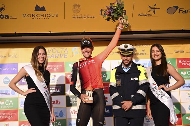 2025 Volta Algarve cycling race - Stage 5 MALHAO, PORTUGAL - FEBRUARY 23 : De Plus Laurens (BEL) of Ineos Grenadiers pictured during the podium ceremony of stage 5, an individual time trial, of the 51th edition of the Volta Algarve cycling race, with start in Salir and finish in Malhao on February 23, 2025 in Malhao, Portugal, 23 02 2025 ( Motordriver Kenny Verfaillie - Malhao Portugal  Copyright: xTomasxSiskx