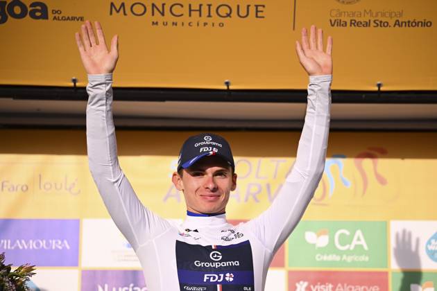 2025 Volta Algarve cycling race - Stage 5 MALHAO, PORTUGAL - FEBRUARY 23 : Gregoire Romain (FRA) of Groupama-FDJ pictured during the podium ceremony of stage 5, an individual time trial, of the 51th edition of the Volta Algarve cycling race, with start in Salir and finish in Malhao on February 23, 2025 in Malhao, Portugal, 23 02 2025 ( Motordriver Kenny Verfaillie - Malhao Portugal  Copyright: xTomasxSiskx
