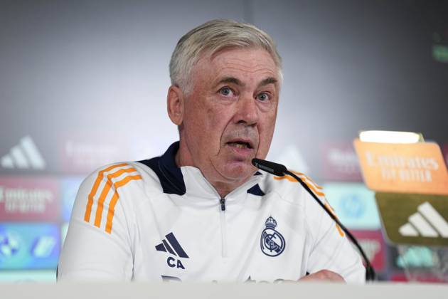 February 25, 2025, Valdebebas, Madrid, SPAIN: Carlo Ancelotti attends his press conference, PK, Pressekonferenz during the training day of Real Madrid ahead the Spanish Cup, Copa del Rey, football match against Real Sociedad at Ciudad Deportiva Real Madrid on February 25, 2024, in Valdebebas, Madrid, Spain. Valdebebas SPAIN - ZUMArain 20250225_zaa_a181_038 Copyright: xOscarxJ.xBarrosox
