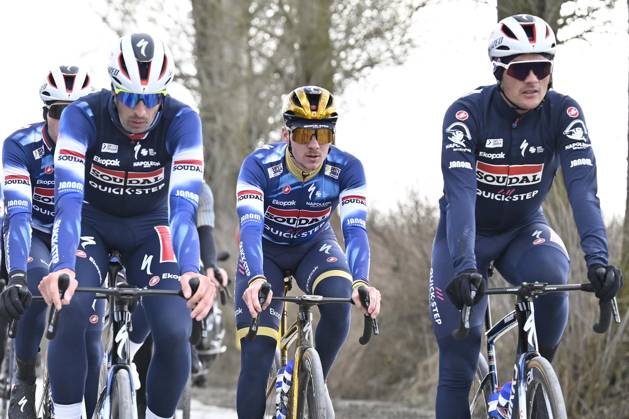 Flanders Classics opening weekend 2025 - training session 26 02 2025 GENT, BELGIUM - FEBRUARY 26 : Cattaneo Mattia (ITA) of Soudal - Quick Step, Evenepoel Remco (BEL) of Soudal - Quick Step and Lampaert Yves (BEL) of Soudal - Quick Step pictured during a during a training session ahead of the Flanders Classics opening weekend with Omloop Het Nieuwsblad and Kuurne Brussel Kuurne on February 26, 2025 in Gent, Belgium, 26 02 2025 Gent Belgium  Copyright: xJanxDexMeuleneirx