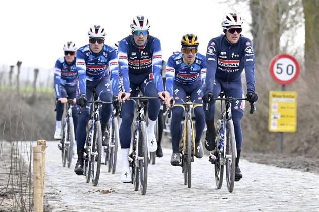 Flanders Classics opening weekend 2025 - training session 26 02 2025 GENT, BELGIUM - FEBRUARY 26 : Cattaneo Mattia (ITA) of Soudal - Quick Step, Evenepoel Remco (BEL) of Soudal - Quick Step and Lampaert Yves (BEL) of Soudal - Quick Step pictured at the Eikenberg during a during a training session ahead of the Flanders Classics opening weekend with Omloop Het Nieuwsblad and Kuurne Brussel Kuurne on February 26, 2025 in Gent, Belgium, 26 02 2025 Gent Belgium  Copyright: xJanxDexMeuleneirx