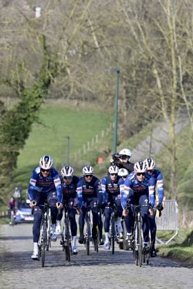 Flanders Classics opening weekend 2025 - training session 26 02 2025 GENT, BELGIUM - FEBRUARY 26 : riders of Soudal - Quick Step in action at the Haaghoek during a during a training session ahead of the Flanders Classics opening weekend with Omloop Het Nieuwsblad and Kuurne Brussel Kuurne on February 26, 2025 in Gent, Belgium, 26 02 2025 Gent Belgium Copyright: xJanxDexMeuleneirx