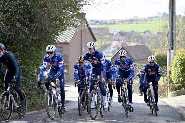 Flanders Classics opening weekend 2025 - training session 26 02 2025 GENT, BELGIUM - FEBRUARY 26 : riders of Soudal - Quick Step pictured at the Leberg during a during a training session ahead of the Flanders Classics opening weekend with Omloop Het Nieuwsblad and Kuurne Brussel Kuurne on February 26, 2025 in Gent, Belgium, 26 02 2025 Gent Belgium Copyright: xJanxDexMeuleneirx