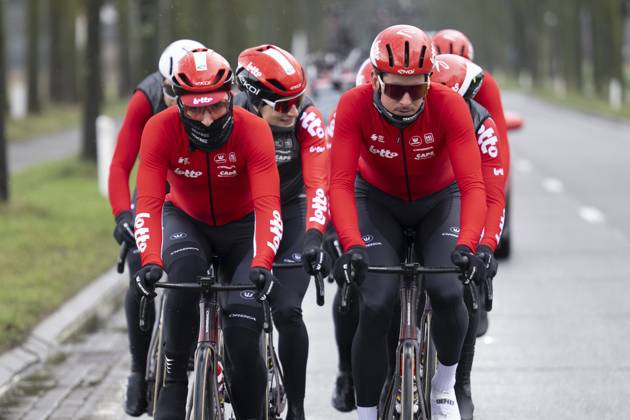 Flanders Classics opening weekend 2025 - training session 27 02 2025 GENT, BELGIUM - FEBRUARY 27 : riders of Lotto pictured during a training session ahead of the Flanders Classics opening weekend with Omloop Het Nieuwsblad and Kuurne Brussel Kuurne on February 27, 2025 in Gent, Belgium, 27 02 2025 Gent Belgium  Copyright: xJanxDexMeuleneirx
