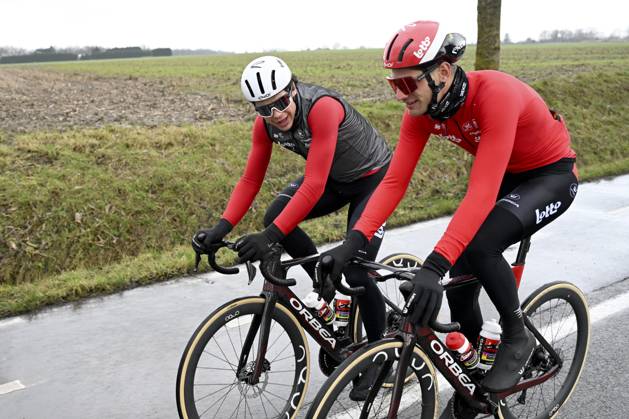 Flanders Classics opening weekend 2025 - training session 27 02 2025 GENT, BELGIUM - FEBRUARY 27 : De Lie Arnaud (BEL) of Lotto Cycling Team and De Buyst Jasper (BEL) of Lotto Cycling Team pictured during a training session ahead of the Flanders Classics opening weekend with Omloop Het Nieuwsblad and Kuurne Brussel Kuurne on February 27, 2025 in Gent, Belgium, 27 02 2025 Gent Belgium  Copyright: xJanxDexMeuleneirx