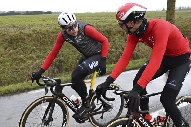Flanders Classics opening weekend 2025 - training session 27 02 2025 GENT, BELGIUM - FEBRUARY 27 : De Lie Arnaud (BEL) of Lotto Cycling Team and Van Moer Brent (BEL) of Lotto Cycling Team pictured during a training session ahead of the Flanders Classics opening weekend with Omloop Het Nieuwsblad and Kuurne Brussel Kuurne on February 27, 2025 in Gent, Belgium, 27 02 2025 Gent Belgium  Copyright: xJanxDexMeuleneirx