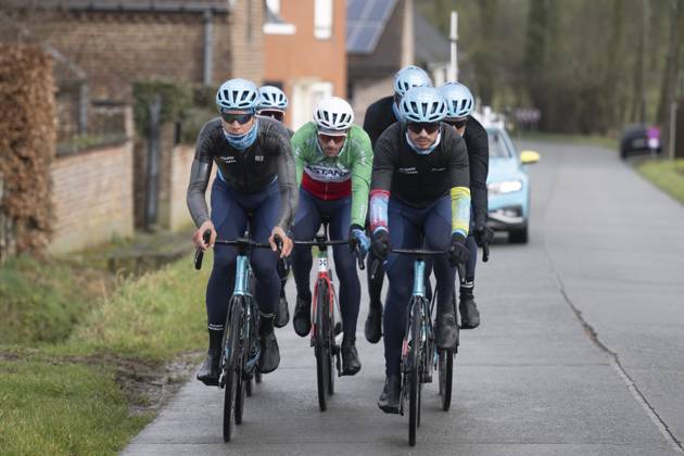Flanders Classics opening weekend 2025 - training session 27 02 2025 GENT, BELGIUM - FEBRUARY 27 : riders of XDS Astana Team pictured during a training session ahead of the Flanders Classics opening weekend with Omloop Het Nieuwsblad and Kuurne Brussel Kuurne on February 27, 2025 in Gent, Belgium, 27 02 2025 Gent Belgium  Copyright: xJanxDexMeuleneirx