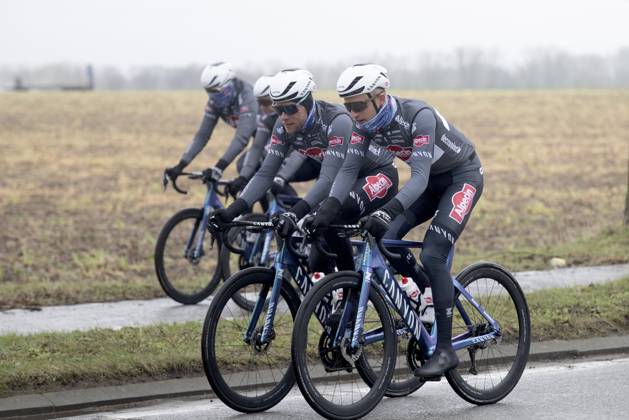 Flanders Classics opening weekend 2025 - training session 27 02 2025 GENT, BELGIUM - FEBRUARY 27 : riders of Alpecin-Deceuninck pictured during a training session ahead of the Flanders Classics opening weekend with Omloop Het Nieuwsblad and Kuurne Brussel Kuurne on February 27, 2025 in Gent, Belgium, 27 02 2025 Gent Belgium  Copyright: xJanxDexMeuleneirx