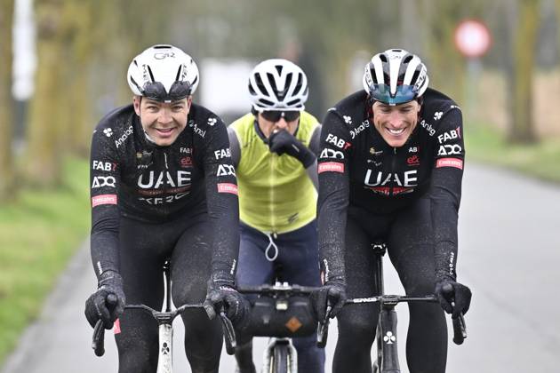 Flanders Classics opening weekend 2025 - training session 27 02 2025 GENT, BELGIUM - FEBRUARY 27 : Vermeersch Florian (BEL) of UAE Team Emirates - XRG and Politt Nils (GER) of UAE Team Emirates - XRG pictured during a training session ahead of the Flanders Classics opening weekend with Omloop Het Nieuwsblad and Kuurne Brussel Kuurne on February 27, 2025 in Gent, Belgium, 27 02 2025 Gent Belgium  Copyright: xJanxDexMeuleneirx