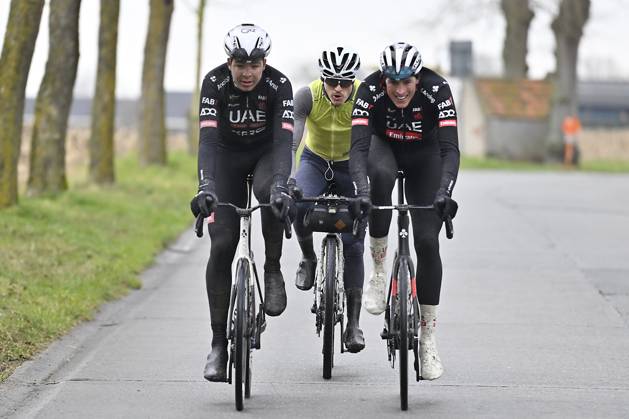 Flanders Classics opening weekend 2025 - training session 27 02 2025 GENT, BELGIUM - FEBRUARY 27 : Vermeersch Florian (BEL) of UAE Team Emirates - XRG and Politt Nils (GER) of UAE Team Emirates - XRG pictured during a training session ahead of the Flanders Classics opening weekend with Omloop Het Nieuwsblad and Kuurne Brussel Kuurne on February 27, 2025 in Gent, Belgium, 27 02 2025 Gent Belgium  Copyright: xJanxDexMeuleneirx
