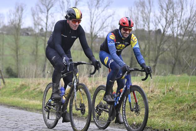 Flanders Classics opening weekend 2025 - training session 27 02 2025 GENT, BELGIUM - FEBRUARY 27 : Museeuw Johan and Theuns Edward (BEL) of Lidl - Trek pictured during a training session ahead of the Flanders Classics opening weekend with Omloop Het Nieuwsblad and Kuurne Brussel Kuurne on February 27, 2025 in Gent, Belgium, 27 02 2025 Gent Belgium Copyright: xJanxDexMeuleneirx