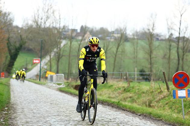 American Matteo Jorgenson of Team Visma-Lease a Bike pictured during a track reconnaissance session ahead this weekend s one-day cycling race Omloop Het Nieuwsblad, opening race of the Flemish classic one day races season, Friday 28 February 2025. DAVIDxPINTENS x113636712x