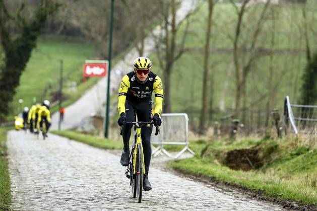 American Matteo Jorgenson of Team Visma-Lease a Bike pictured in action during a track reconnaissance session ahead of this weekend s one-day cycling race Omloop Het Nieuwsblad, opening race of the Flemish classic one day races season, Friday 28 February 2025. DAVIDxPINTENS x113658477x