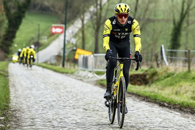 American Matteo Jorgenson of Team Visma-Lease a Bike pictured in action during a track reconnaissance session ahead of this weekend s one-day cycling race Omloop Het Nieuwsblad, opening race of the Flemish classic one day races season, Friday 28 February 2025. DAVIDxPINTENS x113658486x