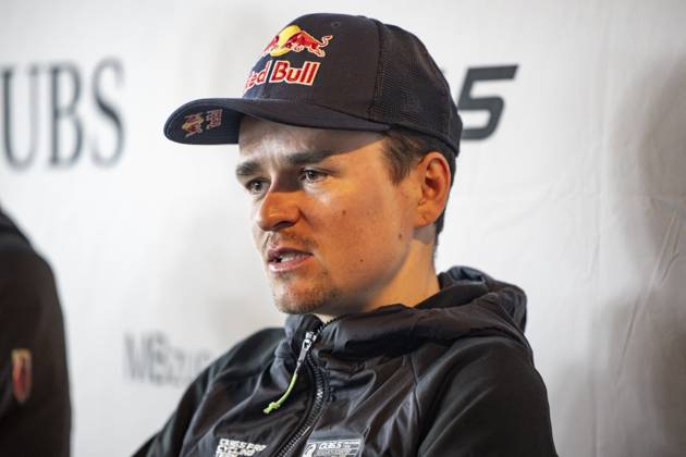 British Tom Pidcock pictured during a press conference, PK, Pressekonferenz of Q36.5 Pro Cycling Team, Friday 28 February 2025, in Waregem, ahead of this weekend s one-day cycling race Omloop Het Nieuwsblad, opening race of the Flemish classic one day races season. DAVIDxPINTENS  x113663903x