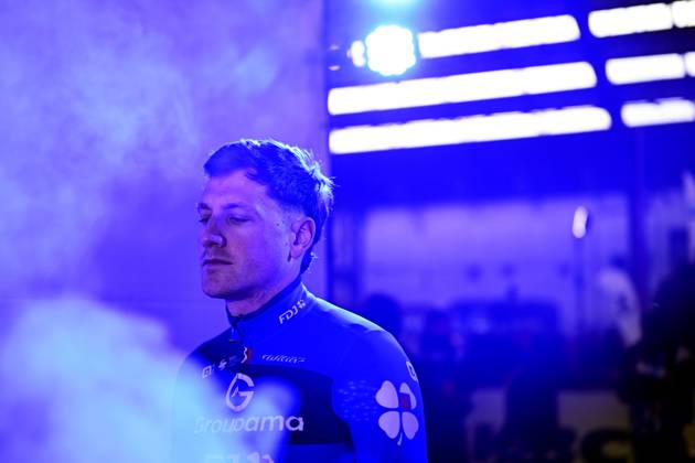 Swiss Stefan Kung of Groupama-FDJ pictured at the team presentation of the 80th edition of the men s one-day cycling race Omloop Het Nieuwsblad (UCI World Tour), 197km from Gent to Ninove, Saturday 01 March 2025. DIRKxWAEM x113807242x