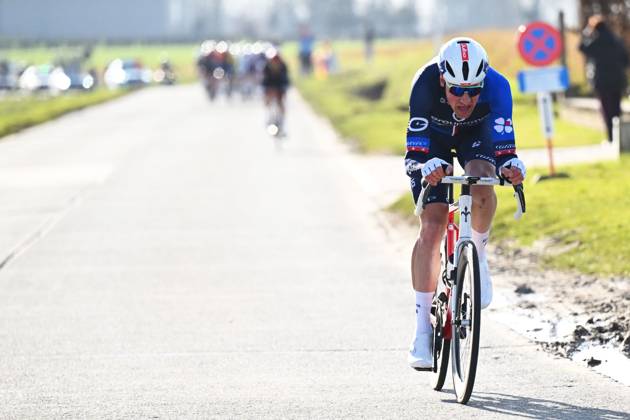 Swiss Stefan Kung of Groupama-FDJ pictured in action during the men s one-day cycling race Omloop Het Nieuwsblad (UCI World Tour), 197 km from Gent to Ninove, Saturday 01 March 2025. POOLxLUCxCLAESSEN x113857429x