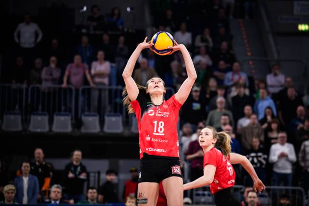 02 03 2025, SAP Arena, Mannheim Volleyball, DVV Cup Final, USC Münster Muenster vs Dresdner SC Set Sarah Straube 18 Dresden