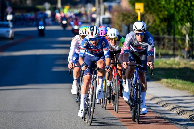 French Thomas Gachignard of TotalEnergies, Slovenian Martin Svrcek of Soudal Quick-Step and New Zealander Sam Gaze of Alpecin-Deceuninck pictured in action during the Ename Samyn Classic one day cycling race, 199,1km from Quaregnon to Dour on Tuesday 04 March 2025. TOM GOYVAERTS TomxGoyvaerts x114220331x