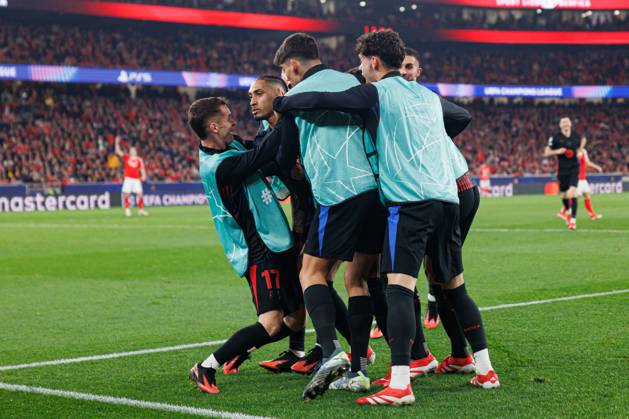 Raphinha seen celebrating after scoring goal during UEFA Champions League Round of 16 game between teams of SL Benfica and FC Barcelona, Barca (Maciej Rogowski) Lisboa Estadio Da Luz Portugal Copyright: xMaciejxRogowskix slbfcb2425-277