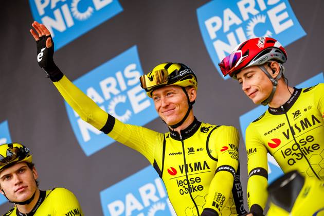 American Matteo Jorgenson of Team Visma-Lease a Bike and Danish Jonas Vingegaard Hansen of Team Visma-Lease a Bike pictured at the start of the first stage of 83th edition of the Paris-Nice cycling race, from and to Le Perray-en-Yvelines (156,5km), Sunday 09 March 2025. DAVIDxPINTENS x114552035x