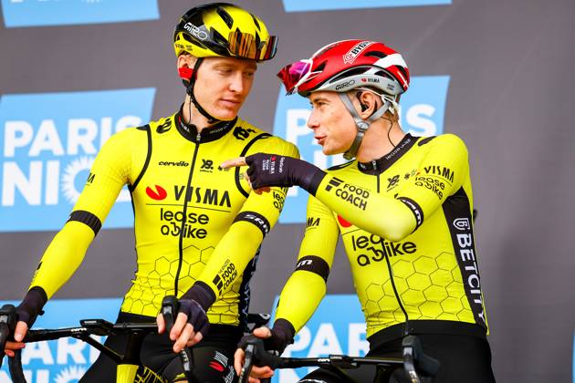 American Matteo Jorgenson of Team Visma-Lease a Bike and Danish Jonas Vingegaard Hansen of Team Visma-Lease a Bike pictured at the start of the first stage of 83th edition of the Paris-Nice cycling race, from and to Le Perray-en-Yvelines (156,5km), Sunday 09 March 2025. DAVIDxPINTENS x114552036x