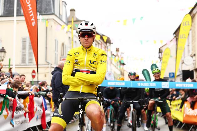 Belgian Tim Merlier of Soudal Quick-Step wearing the yellow jersey of leader in the overall ranking pictured at the start of stage two of the 83th edition of the Paris-Nice cycling race, from Montesson to Bellegarde (183,9 km) in France, Monday 10 March 2025. DAVIDxPINTENS  x114605457x