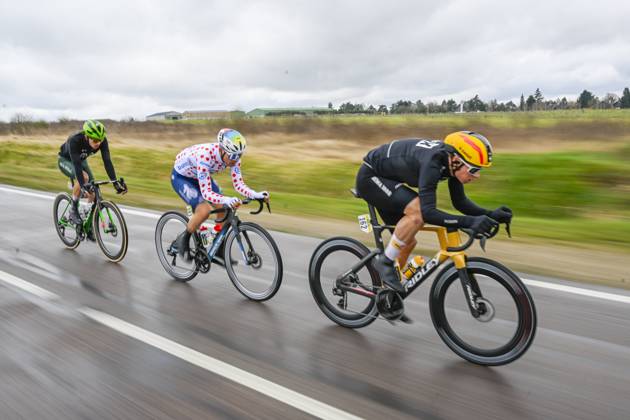 Paris - Nice 2025 - stage 2 BELLEGARDE, FRANCE - MARCH 10 : Abrahamsen Jonas (NOR) of Uno-X Mobility, Delettre Alexandre (FRA) of Team Totalenergies, Fernandez Samuel (ESP) of Caja Rural - Seguros Rga in the escape pack during stage 2 of the 83th edition of the Paris - Nice cycling race, a stage of 183,9km with start in Montesson and finish in Bellegarde on March 10, 2025 in Bellegarde, France, 10 03 2025 ( Motordriver Kenny Verfaillie - Bellegarde France  Copyright: xNicoxVereeckenx