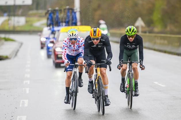 Paris - Nice 2025 - stage 2 BELLEGARDE, FRANCE - MARCH 10 : Fernandez Samuel (ESP) of Caja Rural - Seguros Rga, Abrahamsen Jonas (NOR) of Uno-X Mobility, Delettre Alexandre (FRA) of Team Totalenergies in the escape pack during stage 2 of the 83th edition of the Paris - Nice cycling race, a stage of 183,9km with start in Montesson and finish in Bellegarde on March 10, 2025 in Bellegarde, France, 10 03 2025 ( Motordriver Kenny Verfaillie - Bellegarde France  Copyright: xNicoxVereeckenx